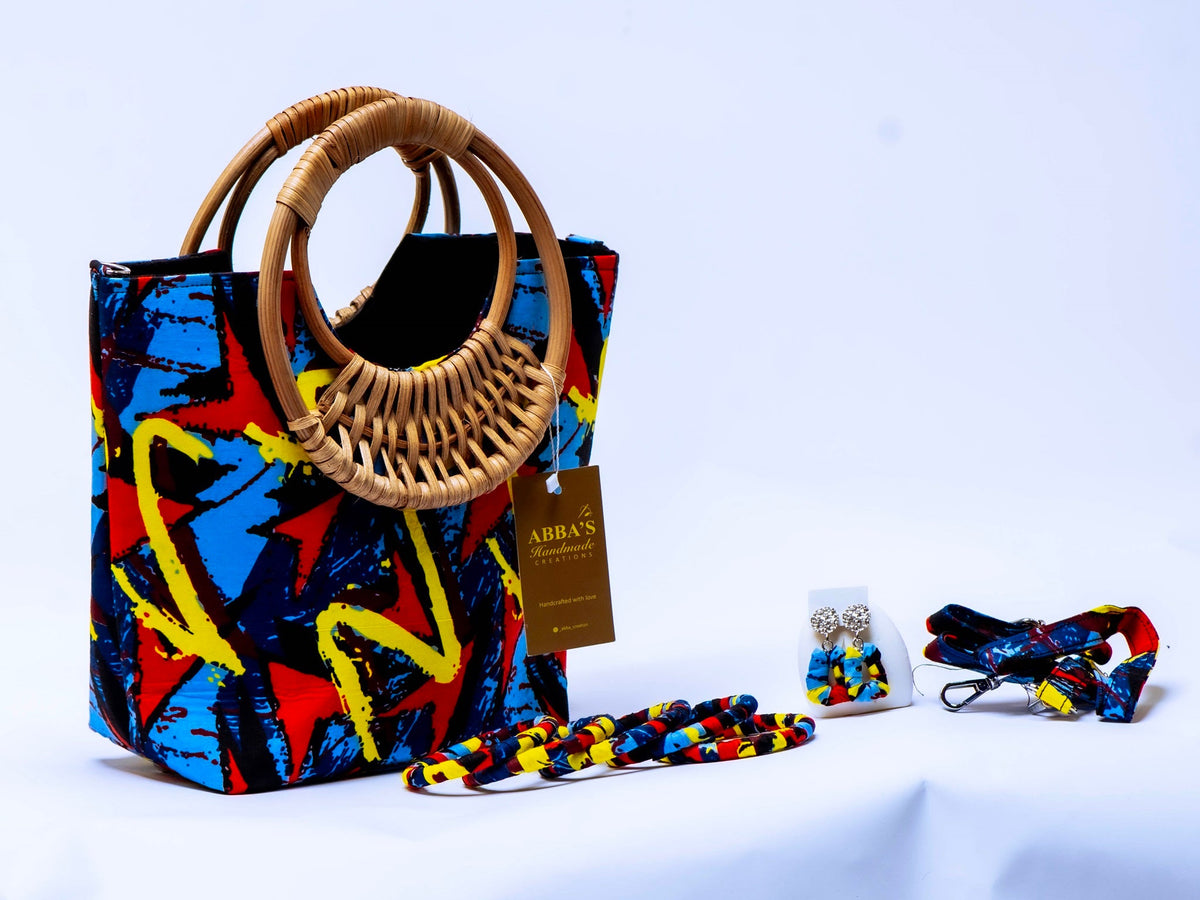 Ankara Handmade Tote Bag Set with Matching Earrings & Bangles | Convertible Crossbody | African Print Handbag