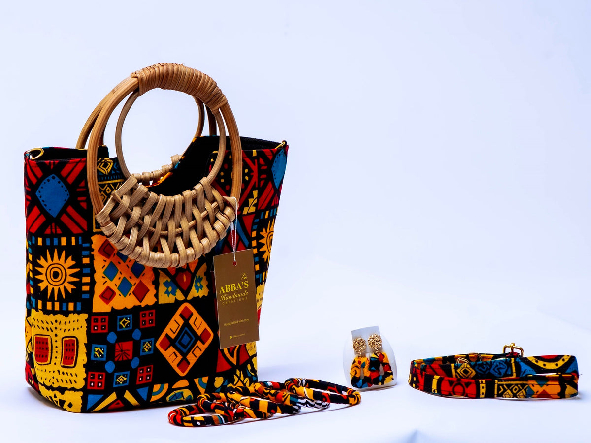 Ankara Handmade Tote Bag Set with Matching Earrings & Bangles | Convertible Crossbody | African Print Handbag